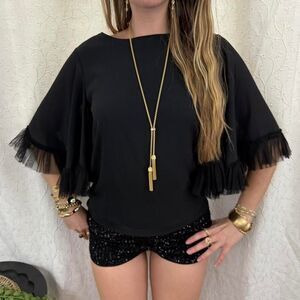 Rachel-parcell Women's Black Tulle ruffle sleeve top S